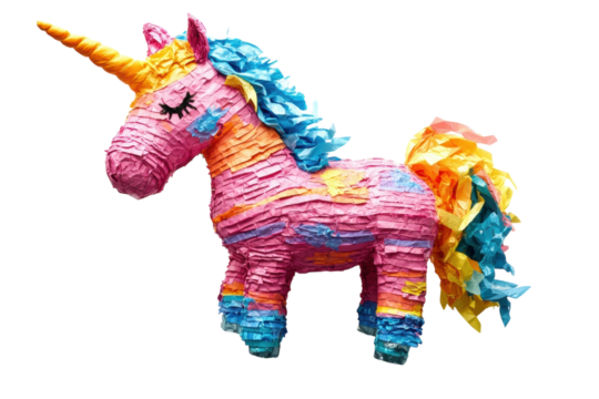 Colorful unicorn pi ata ready for a party vibrant pink blue yellow and orange paper festive on transparent background