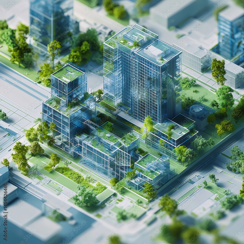 Poster 未来都市の緑化建築 3dレンダリング 明るい緑と青のガラスの建物 都市インフラのデジタルデザイン