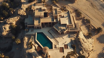 Aerial view of a contemporary desert estate.