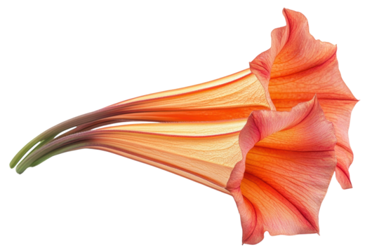 Delicate coral angel s trumpet flowers elegantly curved against a stark black background on transparent background