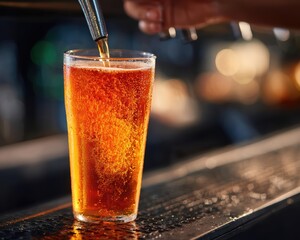 Close up of hand pouring beer into frosty pint glass in soft bar lighting