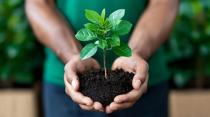 Closeup of Dark Soil and Lush Green Sapling Held in Hands