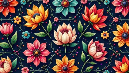 Intricate floral textile design, repeating motif, bloom, vector