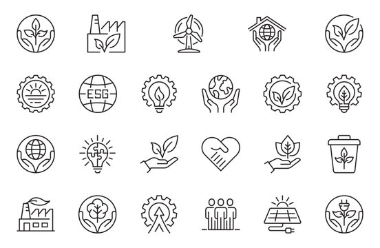 ESG line icon set. Outline icon collection related to ecology, environment social governance, risk management, sustainable developmen and more.