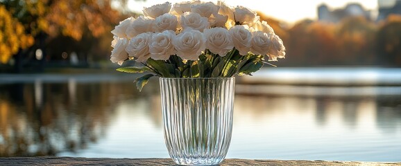 White Roses in a Glass Vase by the Water
