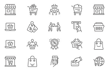 Fototapeta premium Shopping line editable icon set. Contains icons as mobile shop, shopping cart, testimonials, shipping and delivery, fashion and more.