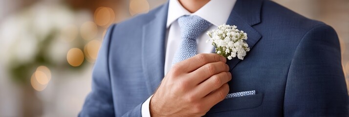 Hands delicately pinning a floral boutonniere onto a suit lapel during a celebration event
