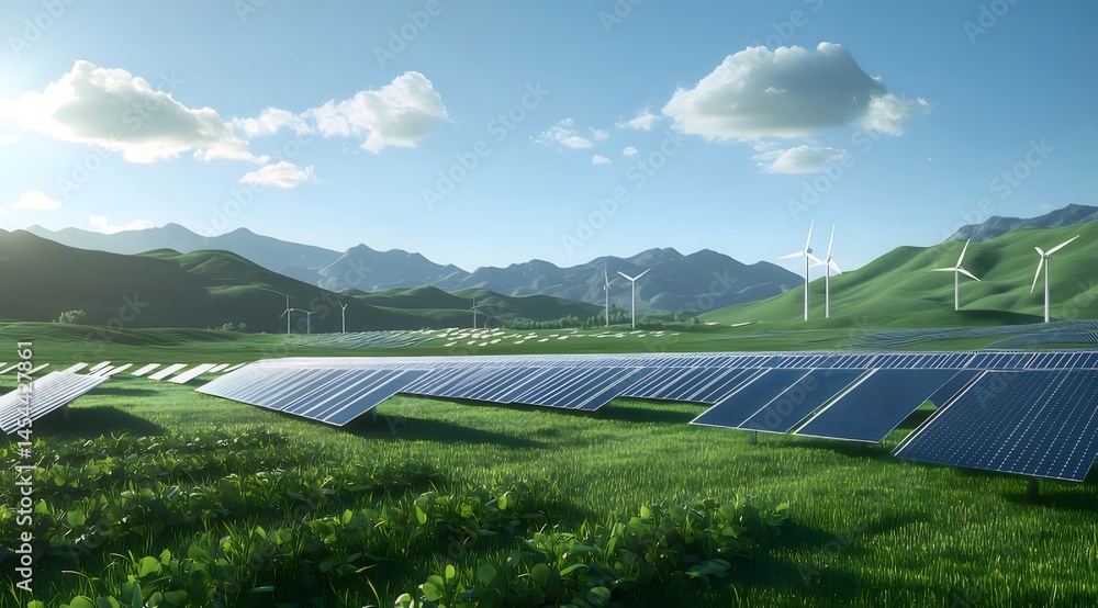 Poster 青い空と緑豊かな丘陵地帯に広がる太陽光発電と風力発電による持続可能なエネルギーの風景