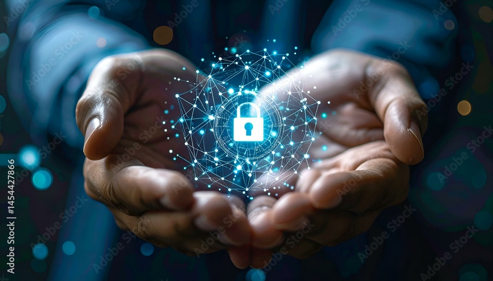 Poster hands holding a glowing digital padlock symbolizing cybersecurity and data protection.