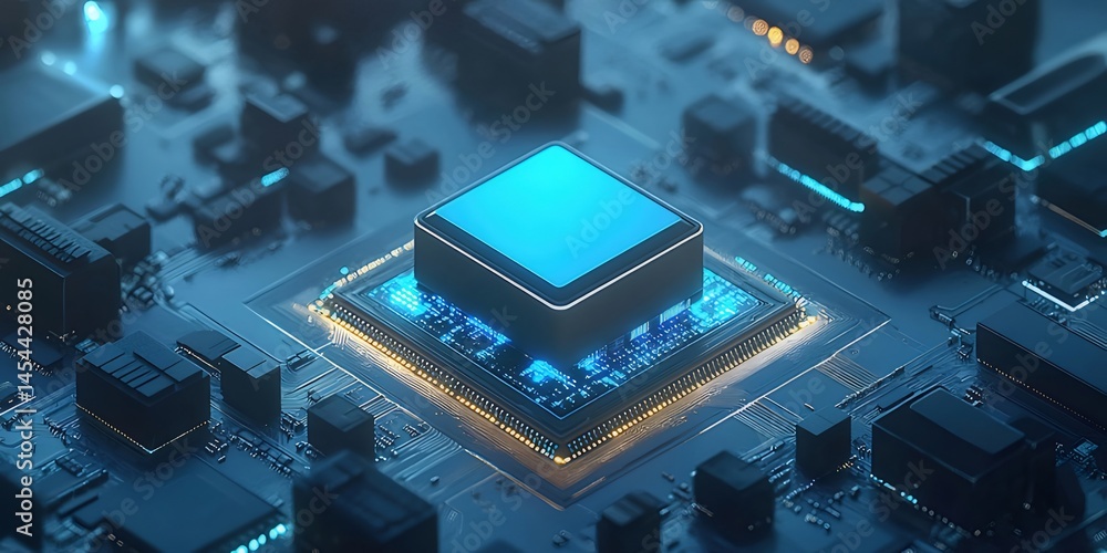 Poster 青色発光する半導体チップと回路基板のクローズアップ 抽象的な未来的なコンピュータテクノロジー背景