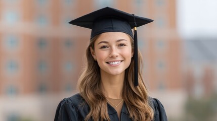 graduate wearing cap and gown stands proudly smiling at camera with abundant copy space around