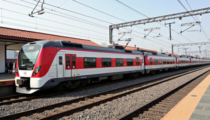 Fototapeta premium Red and White Locomotive on Railway Tracks in Motion