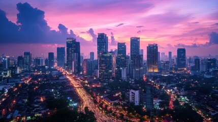 Obraz premium A vibrant cityscape at sunset, showcasing modern high-rises and a busy urban artery