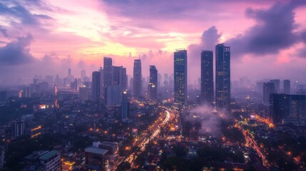 Obraz premium City skyline at twilight, vibrant colors, illuminated streets