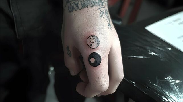 Small yin and yang tattoo on hand. Detailed black ink design of two interlocked circles, one light and one dark. Placement on the palm of the hand