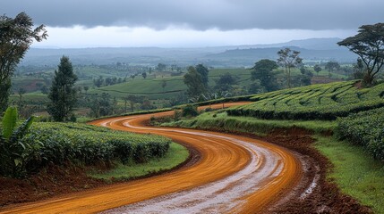 Winding Dirt Road Through Tea Plantation