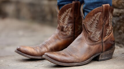 Mens cowboy boots with unique design showcased on street during sunny day