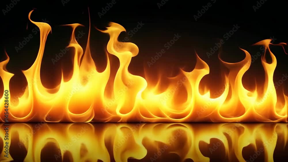 Poster realistic fire flames animation loop with reflection on black background