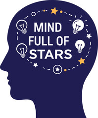 Human head silhouette with mind full of stars and light bulbs vector illustration for creative projects 
