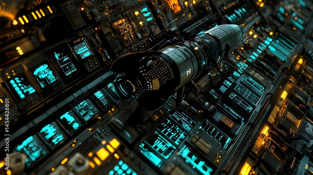 Poster futuristic spacecraft navigating through a high-tech control room filled with glowing panels