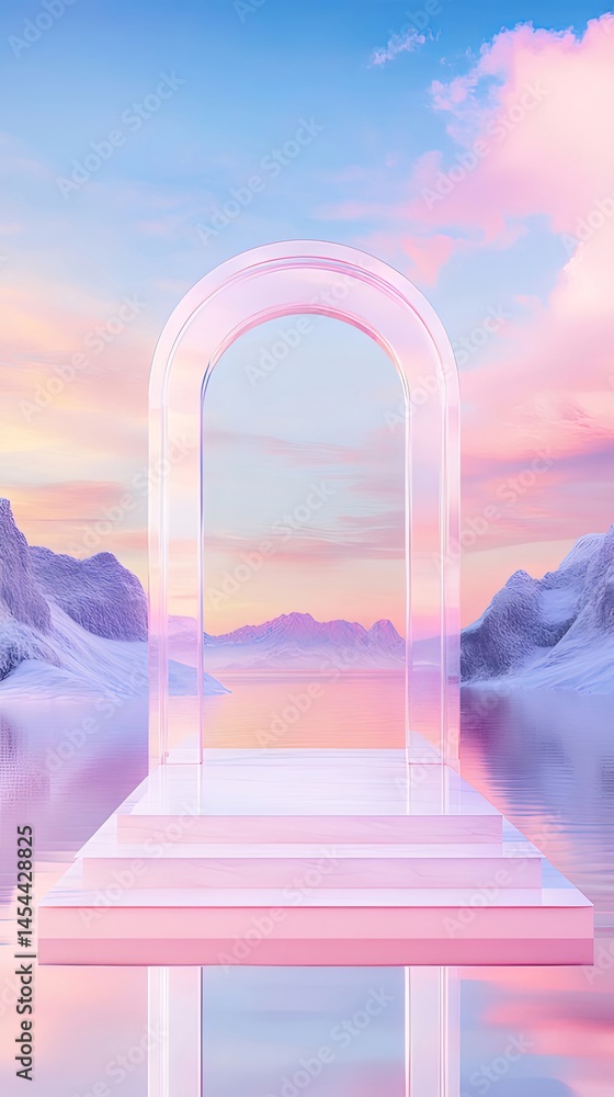 Poster ピンクのアーチと雪山 夕焼け空の幻想的な風景 水面の反射が美しい パステルカラーの穏やかなシーン