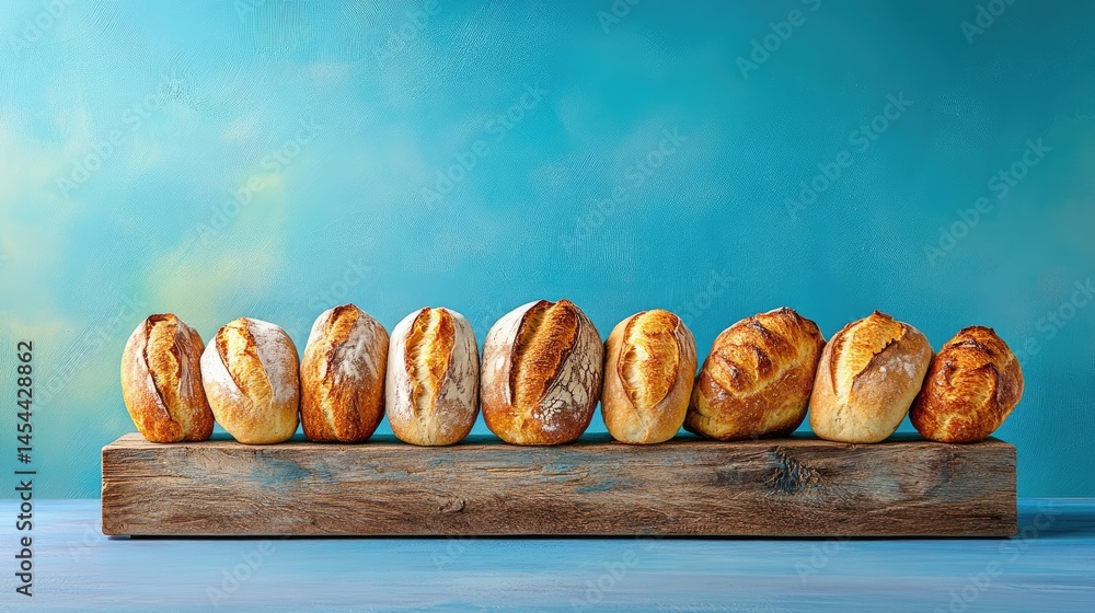 Poster artisan mini loaves aligned in rows on a wooden slab, foreground focus with a dynamic blue backgroun