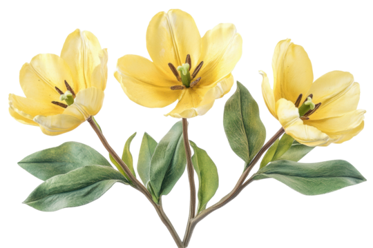 Elegant pale yellow tulips a trio of spring blooms detailed close up showcasing soft petals on transparent background - Powered by Adobe