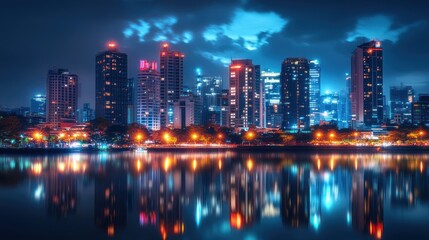 Fototapeta premium Vibrant city skyline at night, reflected in calm water. Towering buildings, vibrant lights, and a tranquil river