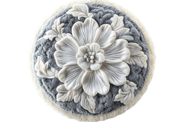 Elegant round plush cushion featuring a large embossed flower design soft gray and cream tones on transparent background