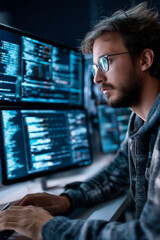 Fototapeta premium Malware prevention ransomware infrastructure. Trojan detection. Spyware detection. Endpoint vulnerability. Zero-day detection. Focused individual working on multiple computer screens.