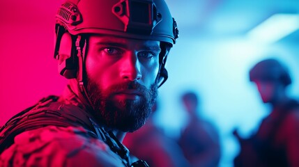 Closeup Portrait of Bearded Soldier in High Tech Helmet Under Red and Blue Neon Lights