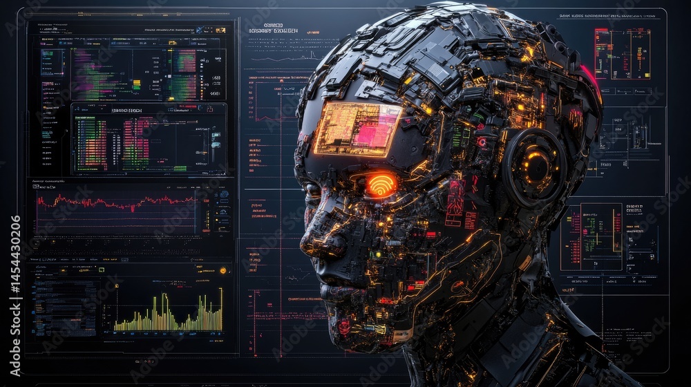 Poster AI complaint processing system with dynamic interface, glowing charts and facial data profiles behind