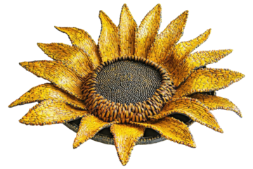 Intricate mosaic sunflower artwork vibrant yellow petals dark brown center detailed texture on transparent background