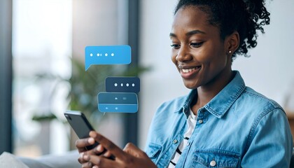 Happy young woman using smartphone, texting, chatting, social media, communication, connection. Image shows digital message bubbles.