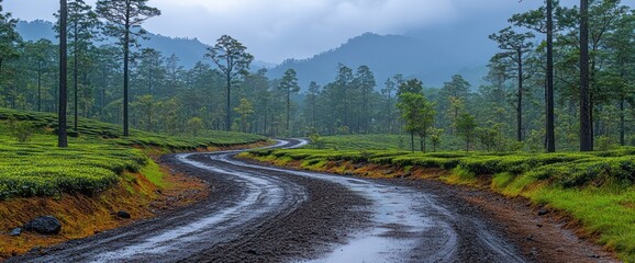 Winding Road Through Tea Plantation After Rain