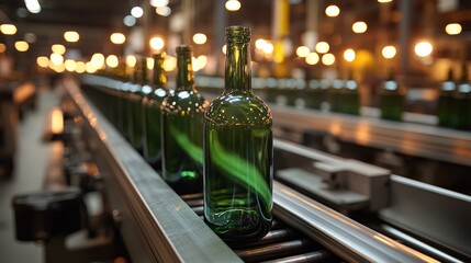 Wine bottles on conveyor belt in factory