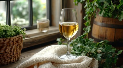 Wine glass on wooden table, warm interior