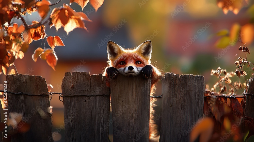 Poster a curious fox rests on a fence rail, eyes sharp, tail curled, plotting a sneaky adventure