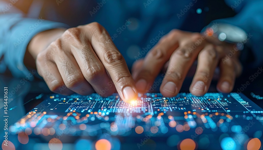 Poster close-up of hands interacting with a futuristic digital interface. image depicts innovation, technol