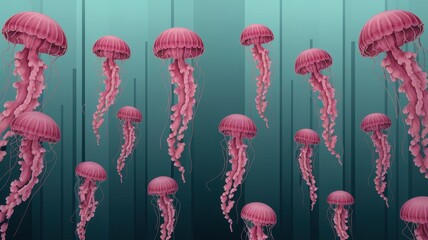 Ten surreal pink jellyfish float in dark teal underwater gradient background