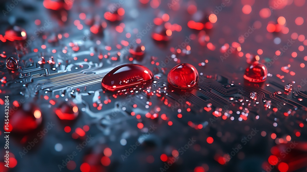Poster close-up view of a circuit board with red droplets, showcasing technology and innovation in a vibran