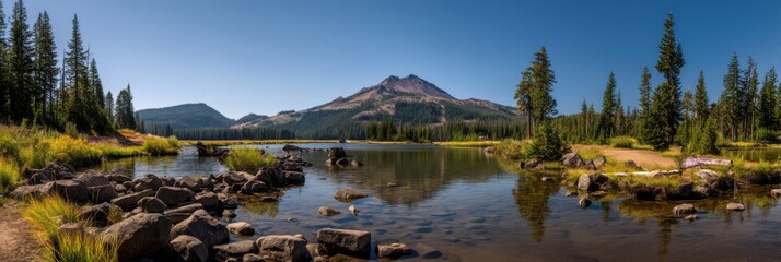 Obraz premium Scenic View of Sparks Lake in Central Oregon: A Majestic Outdoors Destination Surrounded by Cascade Mountains and Lush Forests