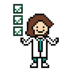 Fototapeta premium Cute pixel cartoon 8 bit character woman doctor scientist game care check list decor pharmacist female doctor uniform lady in hospital 8 bit woman pixel art game 8bit png vector.