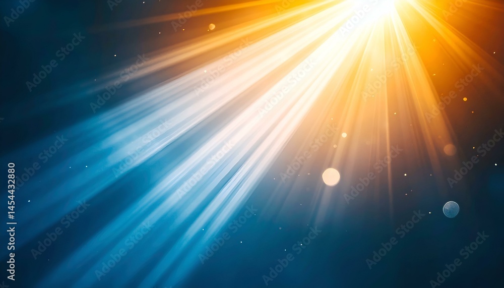 Poster abstract background with blue and orange light rays, bokeh effect, and particles. perfect for design