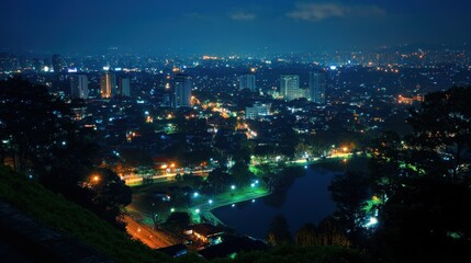 Fototapeta premium Cityscape at night, illuminated buildings and park
