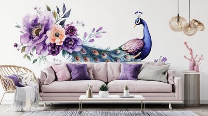 Elegant floral arrangement with a peacock, a relaxing interior design.