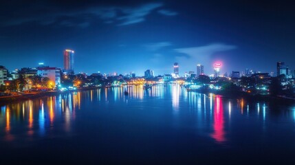 Fototapeta premium City skyline at night reflected on calm water