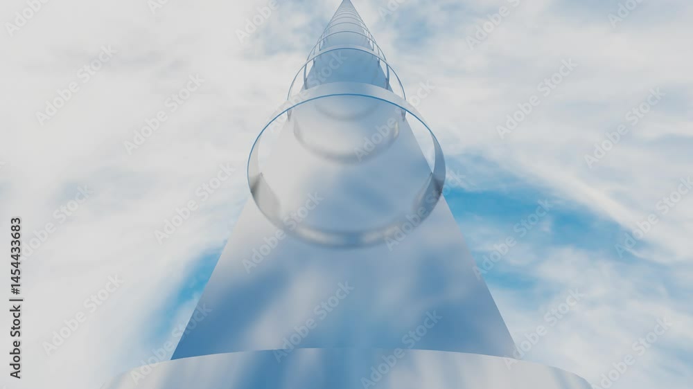 Poster endless forward movement. abstract minimalistic tunnel of glossy rings and planes against blue sky w