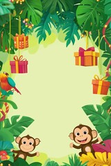 Jungle birthday frame with monkeys and flying gifts