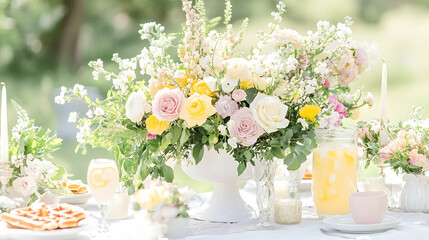 Elegant floral centerpiece at brunch table with refreshing lemonade and waffles